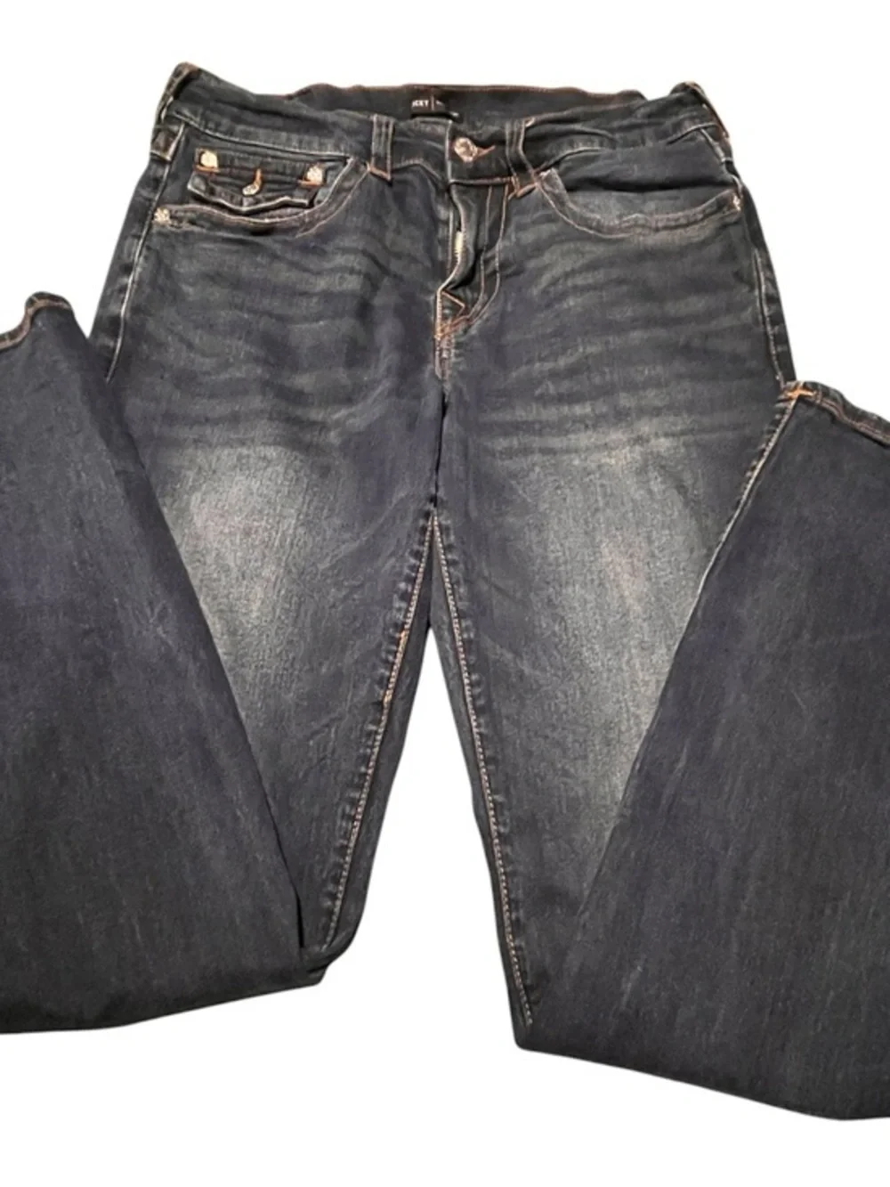 True Religion men’s Straight Leg Jeans in Dark Blue with Faded Detail